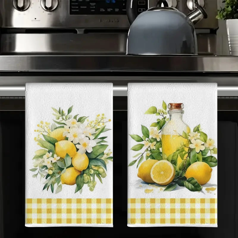 2Pcs, Yellow Plaid Lemon Kitchen Towels, 40Cm*60Cm Towel Set, Best Kitchen Towels, Super Absorbent Soft Cleaning Cloth, Cooking and Baking Tea Towels, Hand Towels, Cleaning Cloths, Dishcloths, Kitchen Decor, Living Room Decorations, Kitchen Essentials, Home Essentials