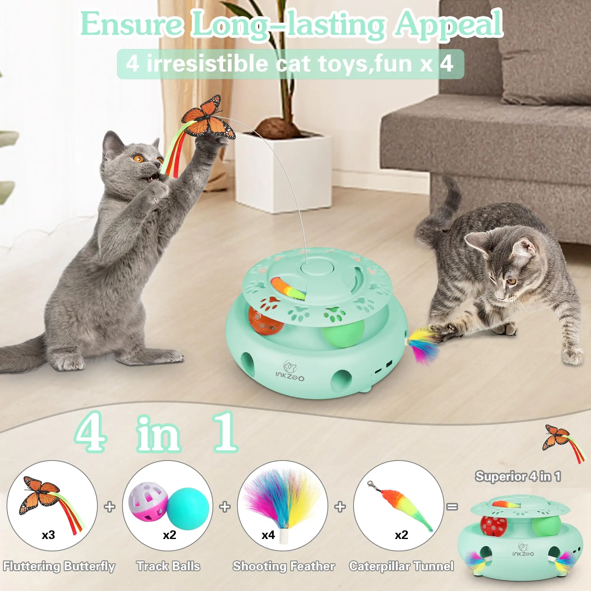 INKZOO 4-in-1 Interactive Cat Toys for Indoor Cats, Automatic 6 Holes Mice Whack-A-Mole, Fluttering Butterfly, Track Balls, USB