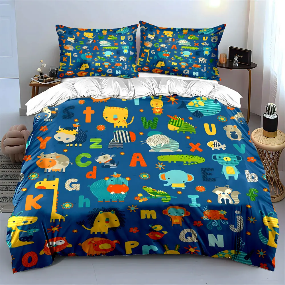 Kids Alphabet Animal Prints Set Bedding Set with 1 Duvet Cover 2 Pillowcases Single Double King Queen, Gift