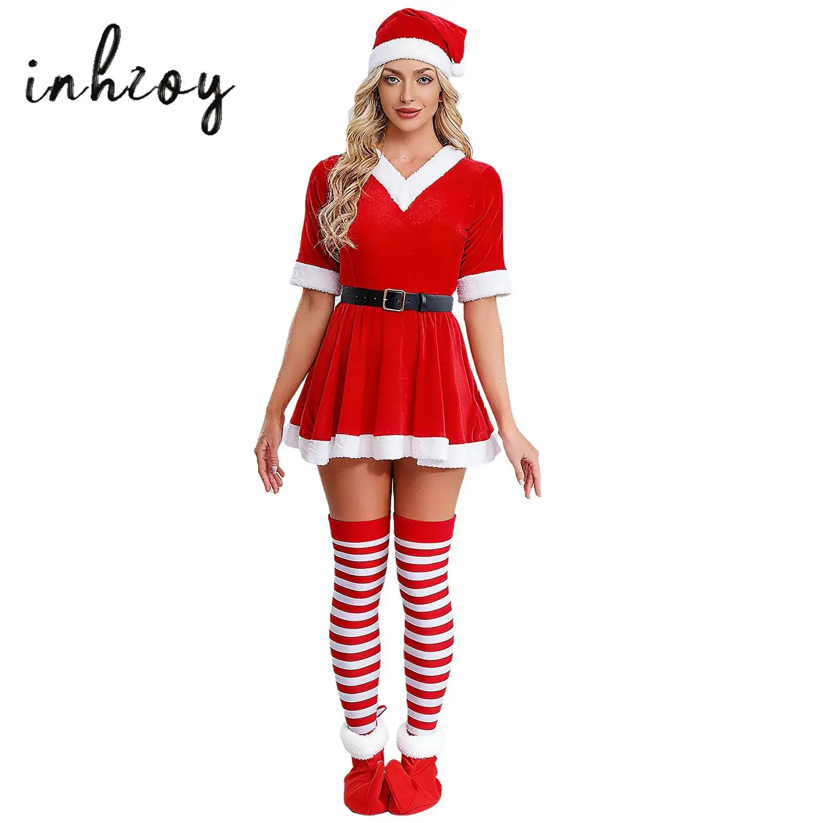 

Womens Mrs Santa Claus Outfits 5-piece Hooded Dress+Waist Belt+Striped Stockings+Hat+Shoes Christmas Xmas Party Dress Up Costume