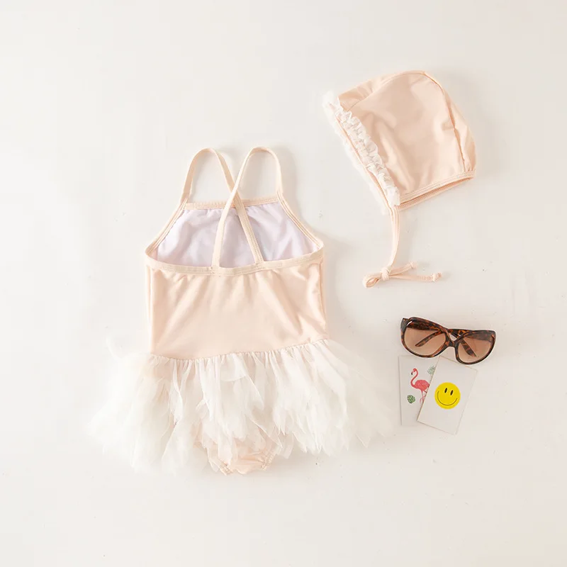 Girls Pink Swimsuit Swan Mesh Dress with Hat Trim Detachable Child Hot Spring Bathing Suit 2pcs Set Toddler Cute Summer Swimwear