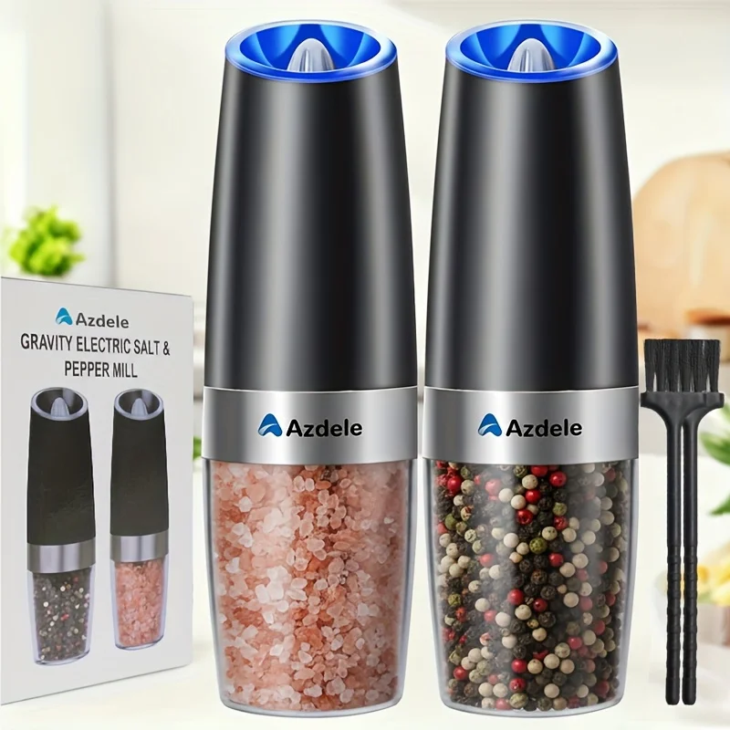 2pcs Gravity-sensing Electric Salt And Pepper Grinder Set, Battery-powered LED Light, One-hand Operation, Local Fast Delivery, Adjustable Coarseness Grinder, Black Kitchen Gadget, Salt And Pepper Grinder Electric 2pcs, Birthday Gift