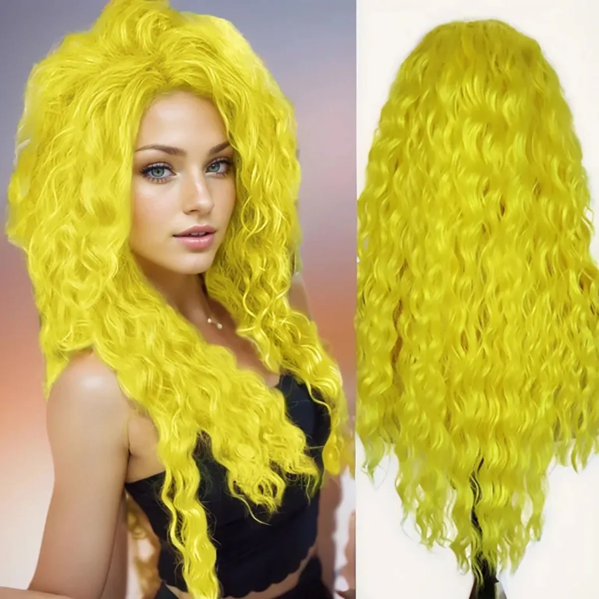 Synthetic Yellow Wigs Female 28 Inch Long Curly Wavy Hair Pure Color Super Long Wig Thick Big Volume Fluffy Cosplay Wigs Costume