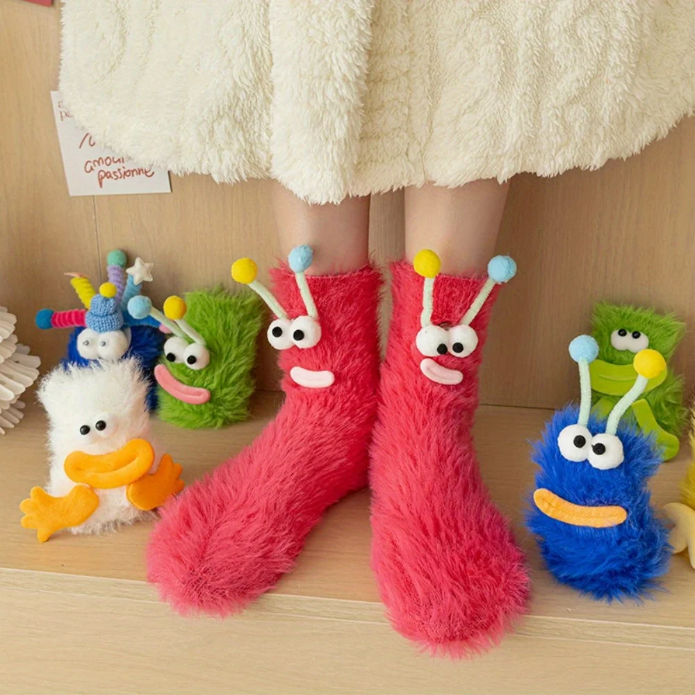 1pair of women's fun cartoon monster socks-plush mid tube socks with big eyes and mouth design,thick and warm winter floor socks