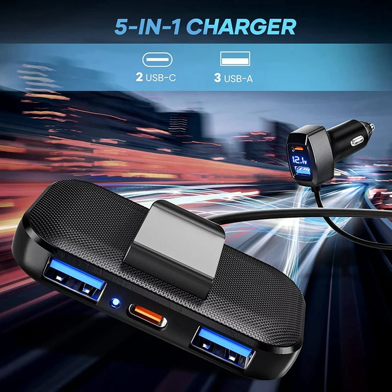 5 Multi Ports Type C Car Charger, 31W USB C Charger Adapter, Voltage Detection, Multiple Adapter For Back Seat Charging