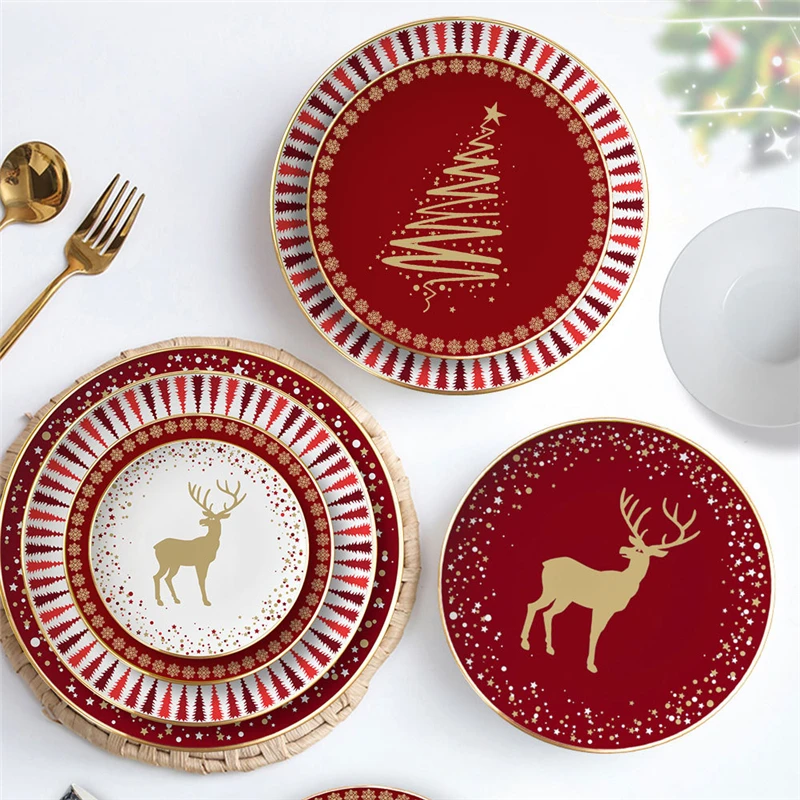 Ceramic Dinner Plate 4-Piece Set Christmas Party Tableware Red New Year Bone China Tableware Suit Steak Dessert Pasta Plate