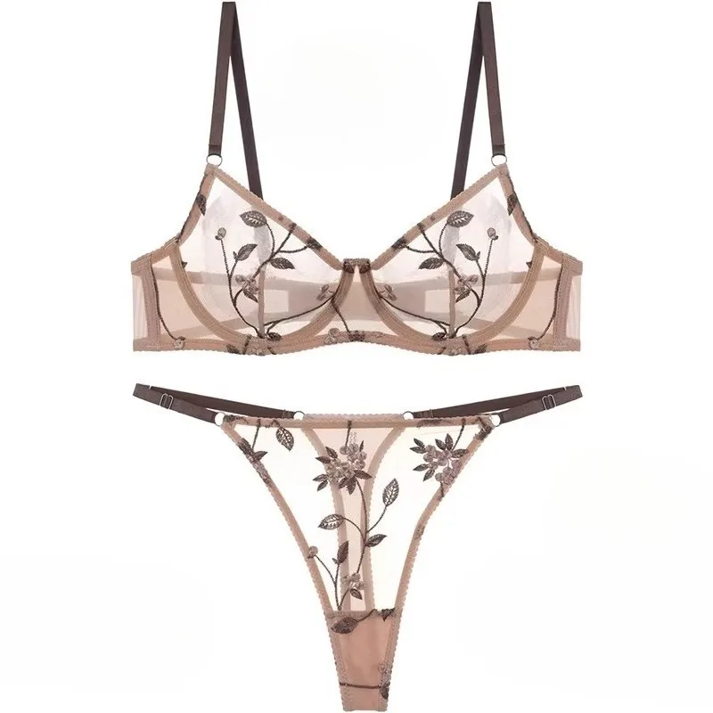 Sexy Transparentes Stickerei-Lingerie-Set, Ultra-Dünner Durchsichtiger Netz-BH mit T-String, Bequeme Schlankmachende Atmungsaktive Damenunterwäsche