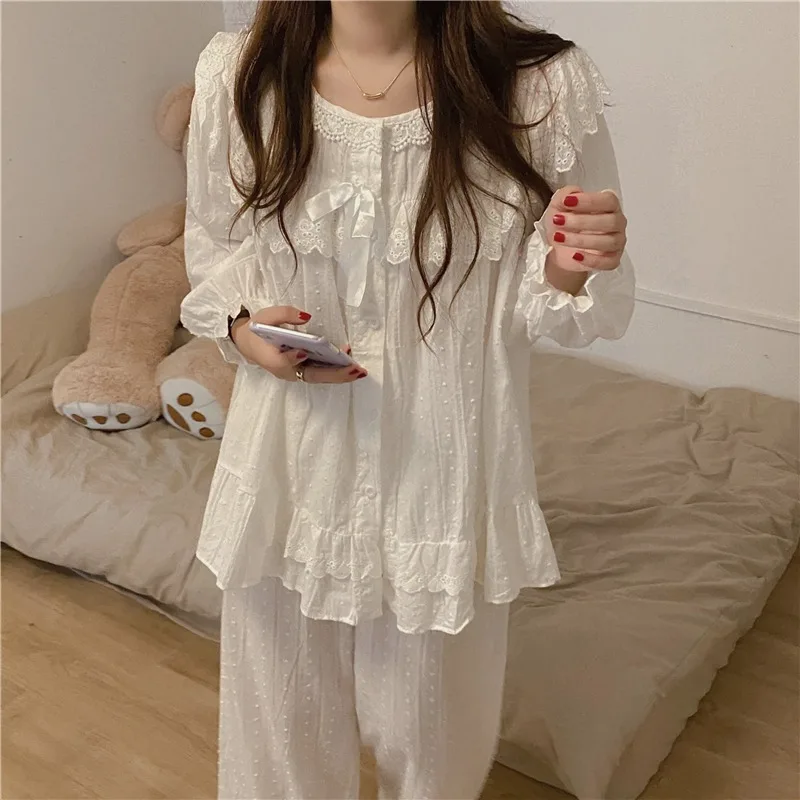 2024 New Pajamas Women\'s Spring and Autumn Sweet Princess Style White Lace Long Sleeve Home Clothes suit Pure Women\'s Style