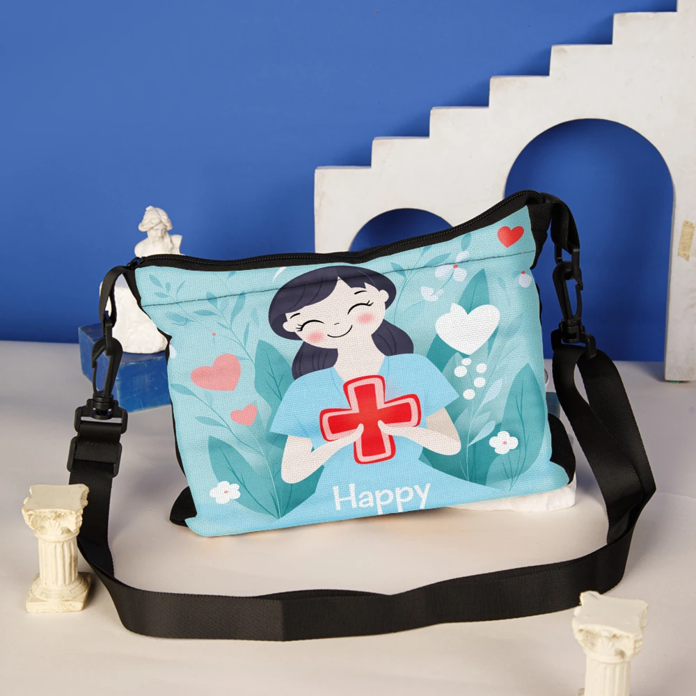Cute Nurse Design Crossbody Bag Light Blue With Heart And Leaf Pattern Happy Text Shoulder Bags For Women Girls School Medical T