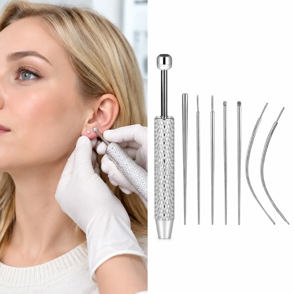 6/8/10/12pcs Stainless Steel Piercing Taper Tool Earring Applicator Professional Puncture Connecting Pin Straight/Curved Pole