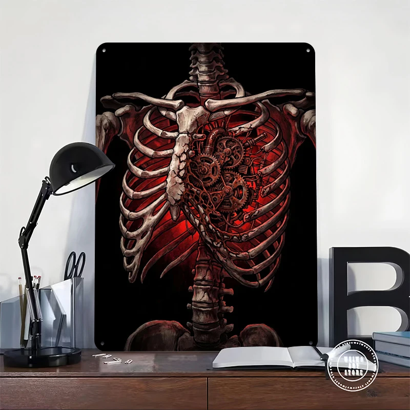 Steampunk Mechanical Heart Skeleton Metal Poster Customized Wall Art Retro Vintage Tinplate Signs for Decoration Garage Man Cave
