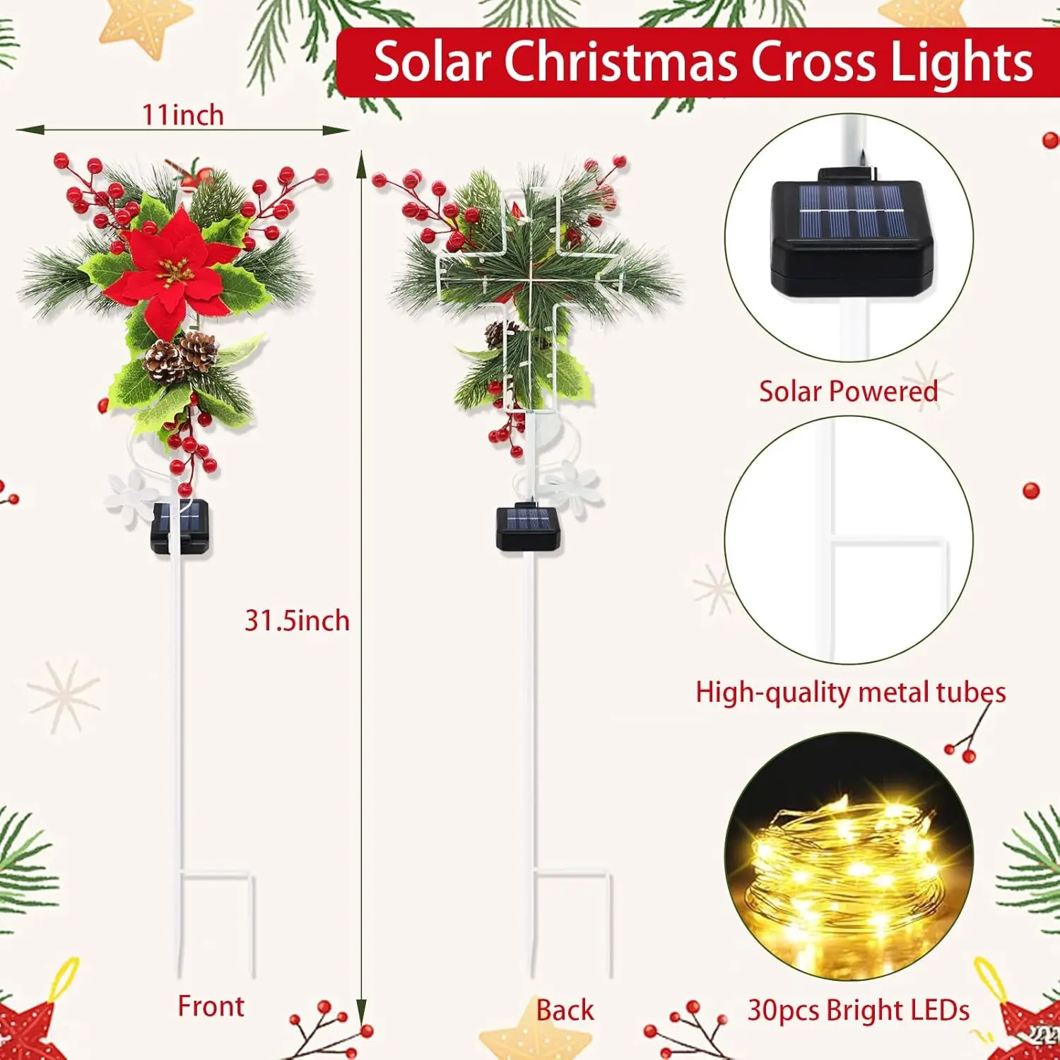 4 Pack Solar Christmas Decorations Outdoor, 32 Inch Solar Christmas Cross Stake Lights, Waterproof Grave Decorations With