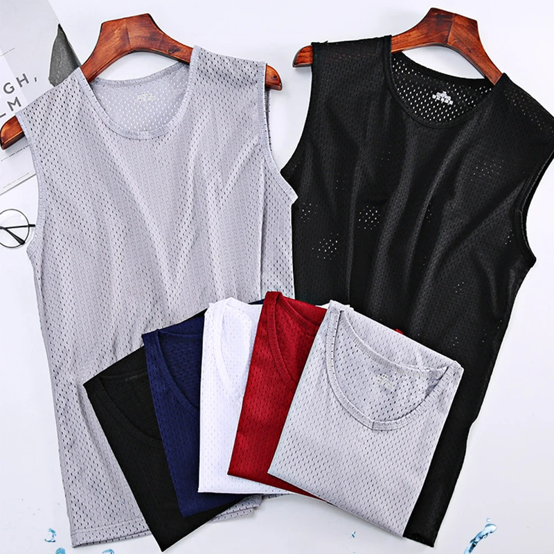 Summer T-shirt Ice Silk Mesh Undershirt Breathable Quick-Drying Sports Large Size Hollow Thin Wide Shoulder Sleeveless Shirt