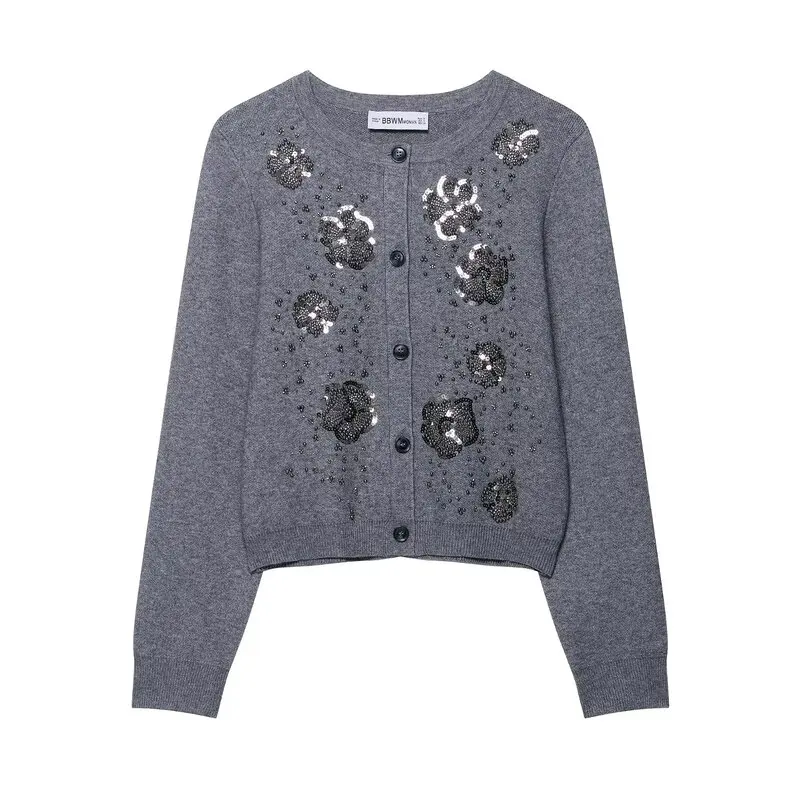 Fall 2025 New Women's Knitted Beaded Cardigan Outerwear Design Sensation Faion Trendy Long Sve ort Length round Ne