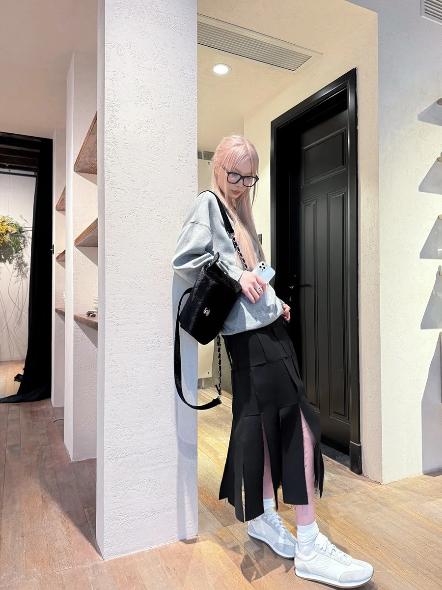 

Handwoven High Waist Skirt with Frayed Artistic Sle Wool And Polyester Blend Casual High Waist H-ape Skirt for Women