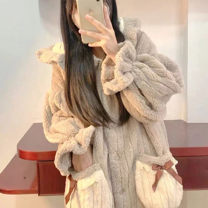 Ruffle Robe for Women Sleepwear Nightdress Winter Night Wears Warm Fleece Pajama One Piece Nightgown Hooded Long Sleeve Homewear