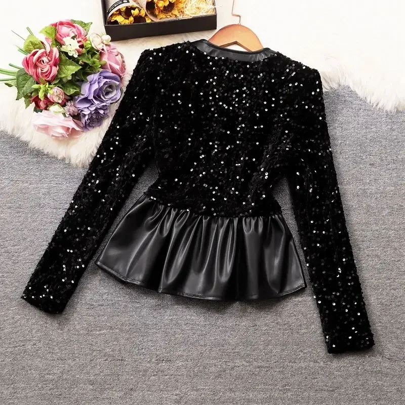 2023 Autumn New Jackets Women O- Neck Leather Patchwork Velvet Sequin Crop Tops Ruffle Fashion Vintage Female Coat