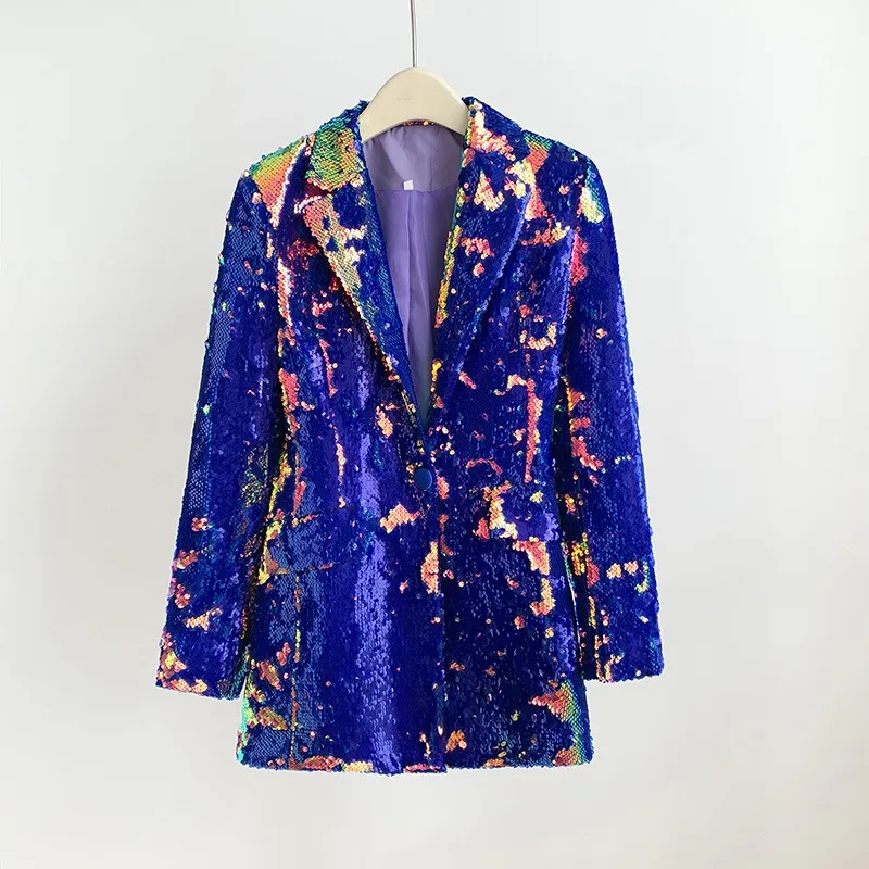 Multi-Color Sequin Velvet Color-Blocked Long Blazer Slim Fit Casual Jacket with Button Front Elegant Chic Outerwear for Women