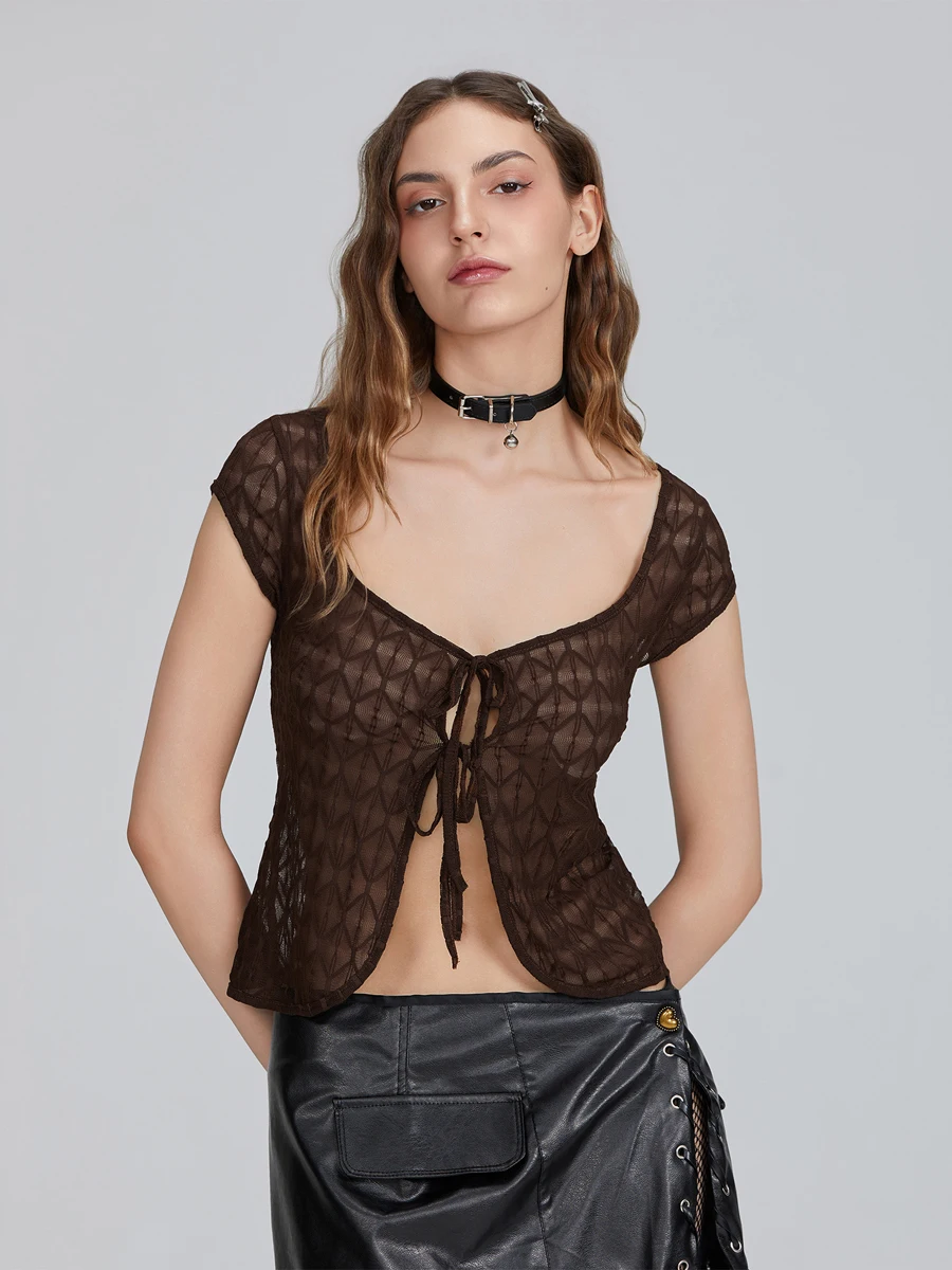 Y2k Women\'s Mesh Crop Tops Cap Sleeve Sweetheart Neck Tie-up Front Slim Fit T-Shirts Aesthetic Clothes