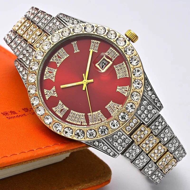 Reloj de acero inoxidable para Hombre, pulsera de 2 piezas con diamantes de imitación incrustados, estilo Hip Hop, Color dorado, calendario