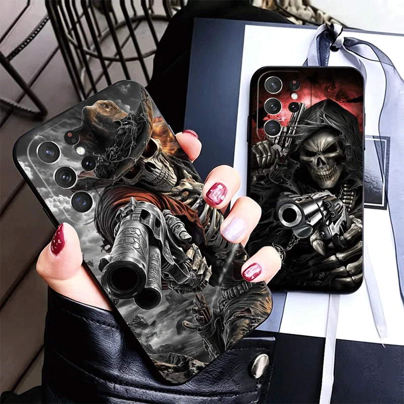 Reaper Skull Skeleton Gun Silicone Phone Case for Samsung Galaxy S24 S26 Ultra S25 Edge S23 Plus S22 + S21 S20 FE 5G Black Soft