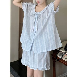 Plaid Sleepwear Shorts Women Pajamas Sets Summer Korean Piiama Ruffles Sets for Women 2 Pieces Button Night Wears Home Suit 2024