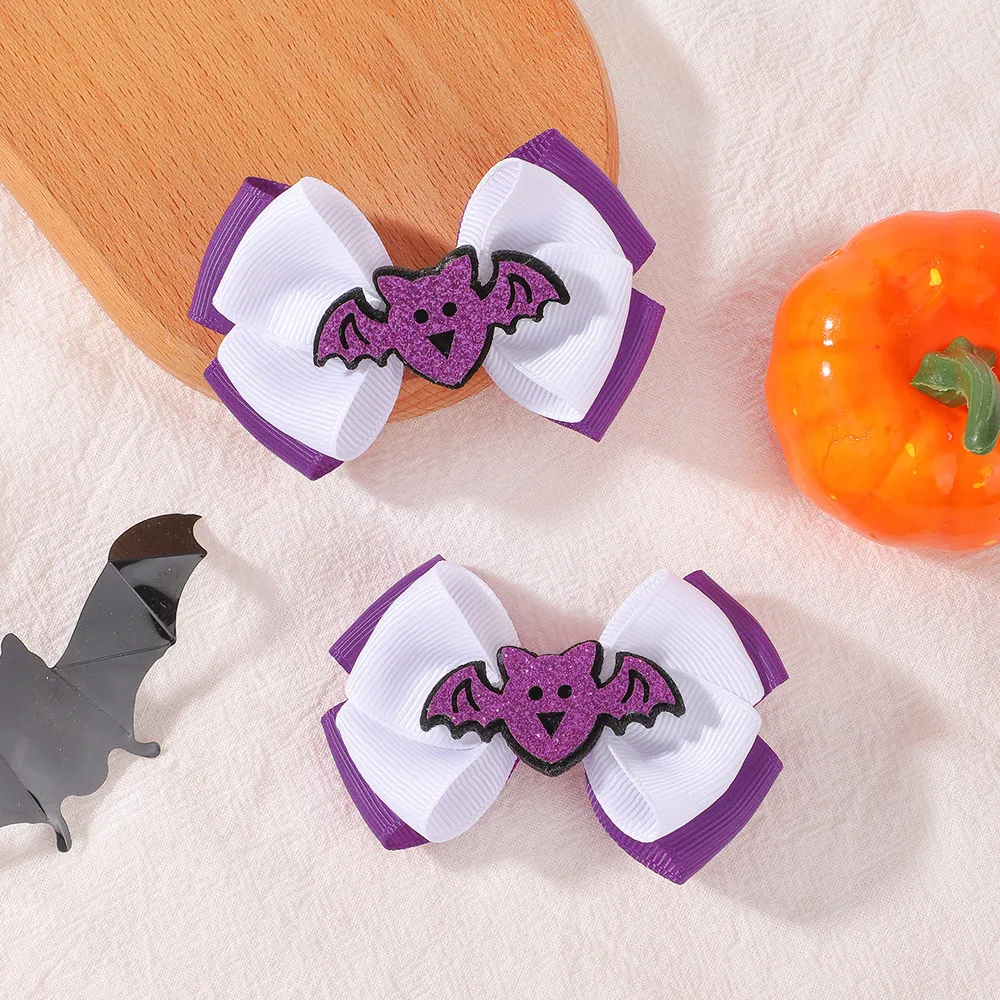 2Pcs Halloween Glitter Bat Bow Hair Clips Kids Girls Cosplay Hair Barrettes