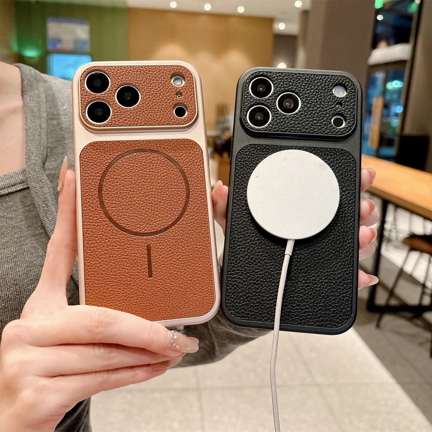 For Magsafe Original Litchee Leather Pattern Phonecase For iPhone 17 ProMax 17 Pro 17 Air Magnetic Camera Lens Proteciton case