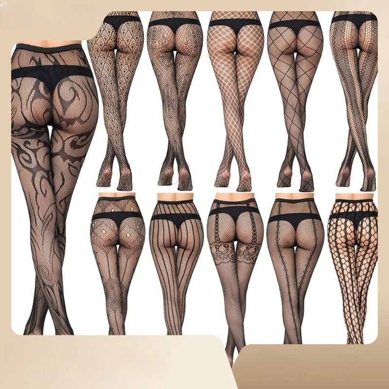 

Seamless Jacquard Long Fishnet Stockings Halloween Cosplay Sexy Black Silk Stockings Polka Dot Love Tiger Pattern Mesh Pantyhose