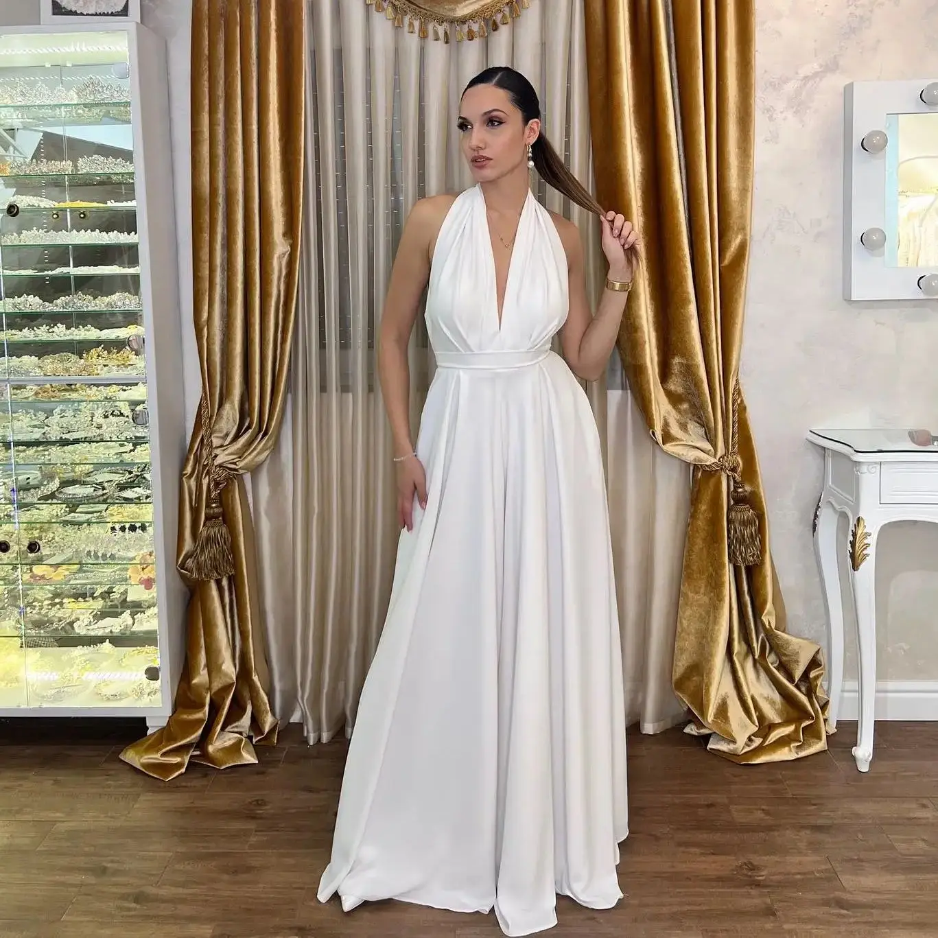 Elegant Prom Dress Women Halter Neck Solid Satin Maxi Gown Backless Bride Party Celebrity Dress Evening Wear Vestido de Novia