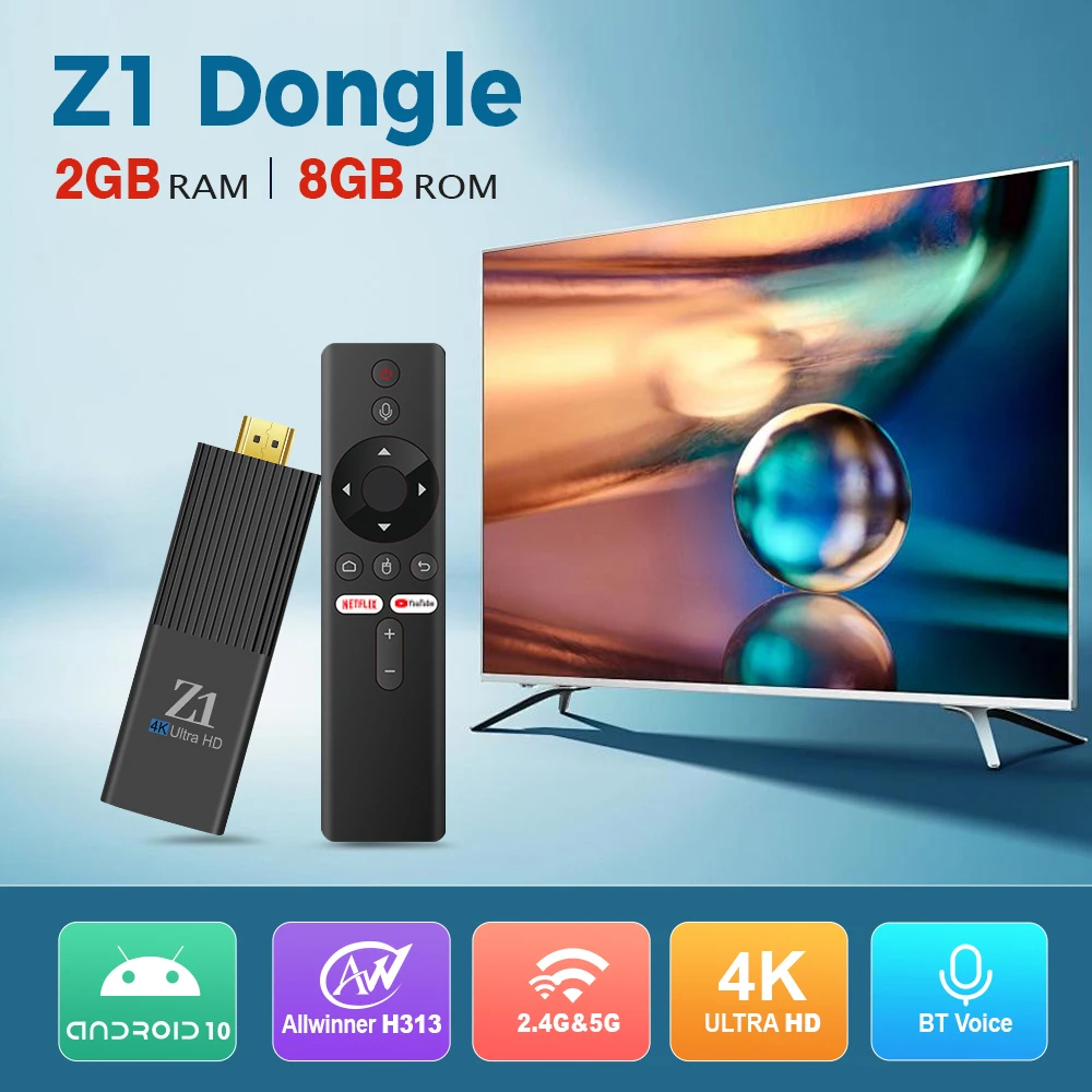 Android10 ATV Smart TV Stick Allwinner H313 Quad Core Cortex A53 Support 4K Video Dual Wifi Voice Remote Mini TV Box