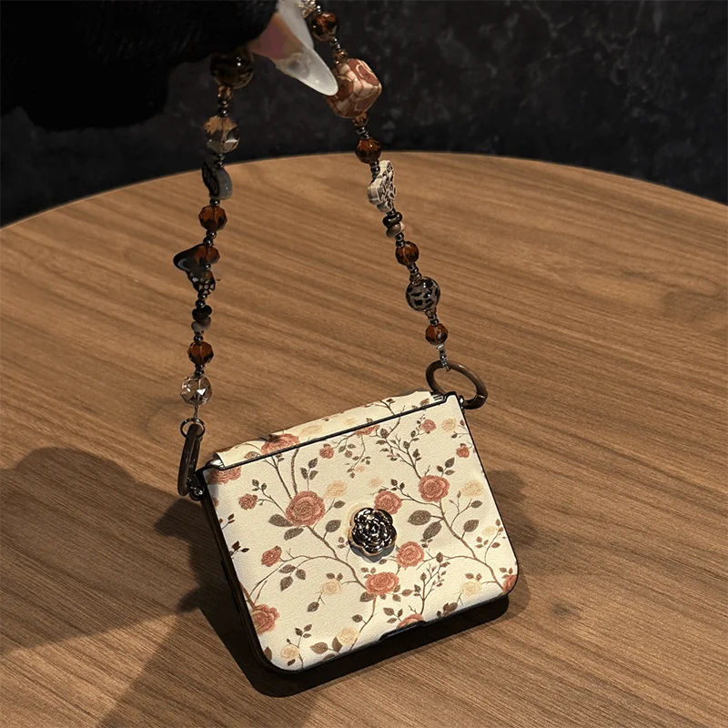 Vintage Floral Leather Phone Case For Samsung Galaxy Z Flip7 Z Flip6 Z Flip5 Z Flip4 3D Metal Rose Decor&Beaded Chain&Crossbody