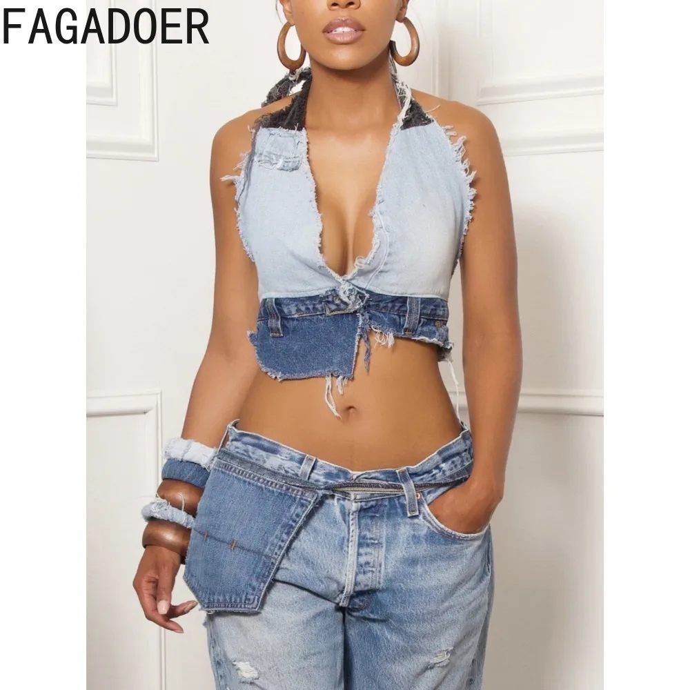 

FAGADOER Fashion Hot Girl Streetwear Women Deep V Sleeveless Halter Denim Tank Tops Sexy Lady Patchwork Button Bandage Slim Vest