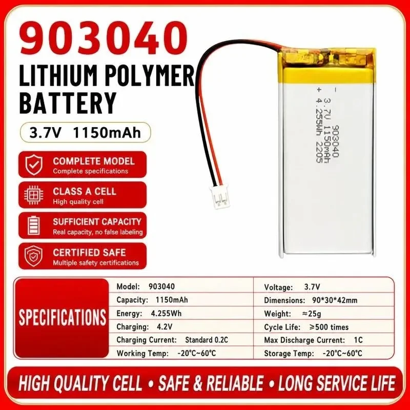 [New] 3pcs for Polymer Lithium Battery 903040 3.7V 1150mAh for Bluetooth Speaker Massager Beauty Instrument Li-ion Cell