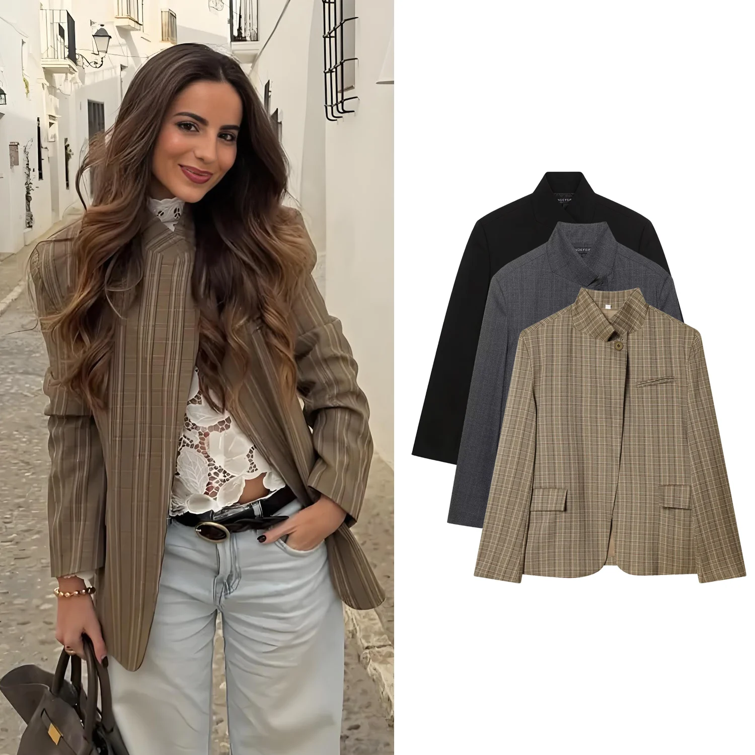 Women's Fashion Vintage Plaid Blazer Spring New Female Elegant Commute Chic Black Blazer High Street Lady Single Buckle Blazer