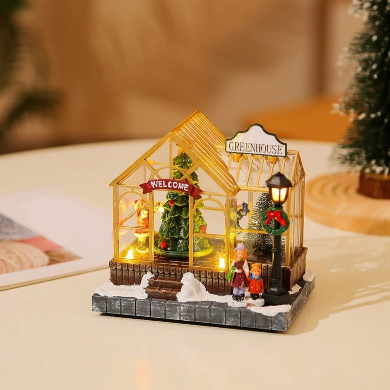 Christmas Musical Light Up Village House Resin Ornament with LED Light Rotating Tree Figurines Holiday Table Decoration