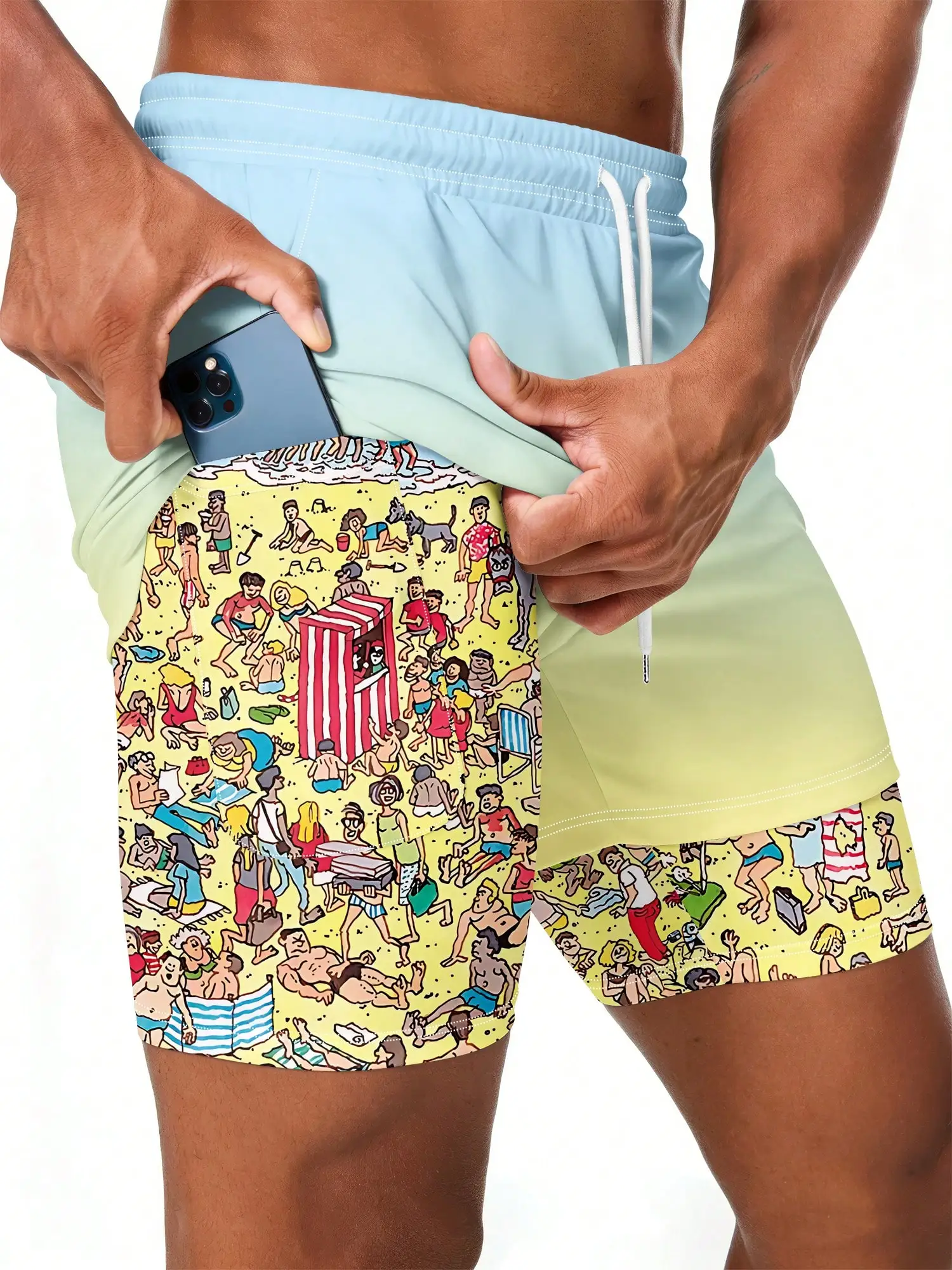 

Men's Funny Print Double-Layer Beach Shorts, Summer