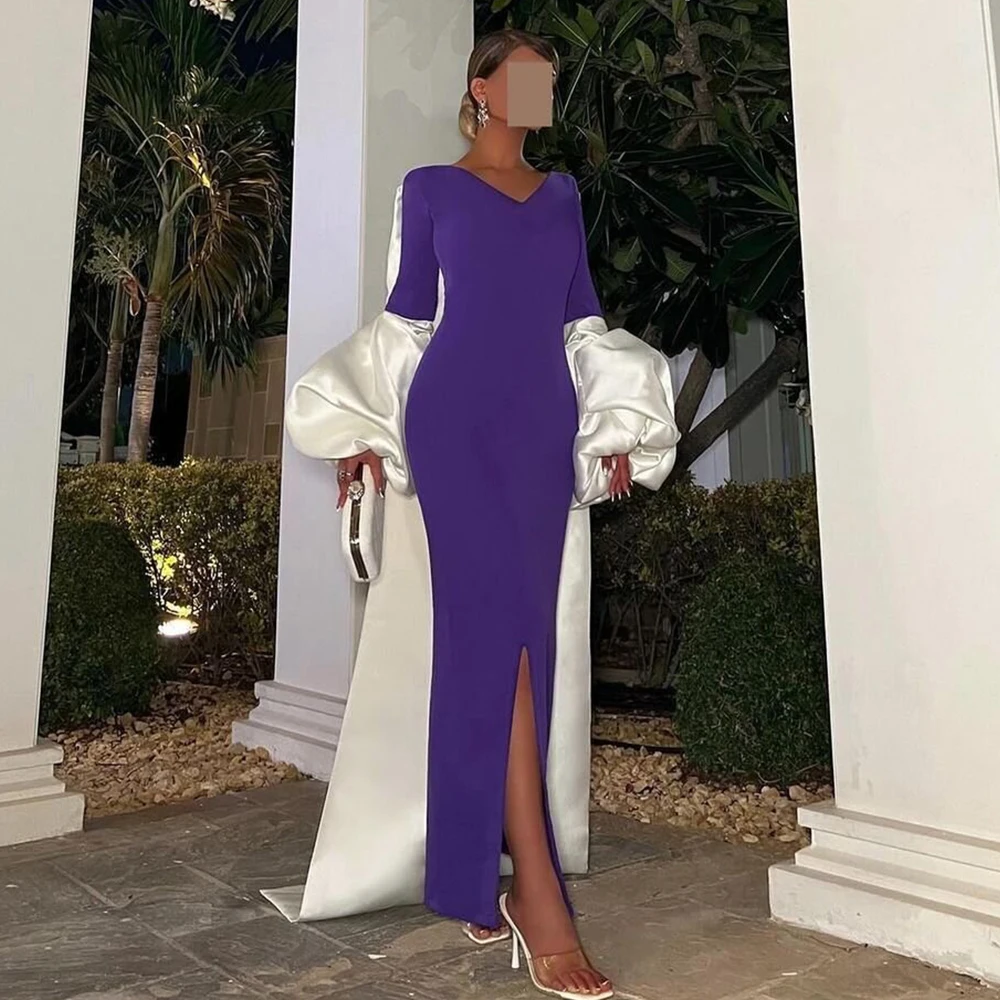 

Sexy Sorority Formal Dress Dubai Purple Jersey&Satin Watteau Train Rhinestone Lantern Sleeve Column&Sheath V-neck Midi Dresses