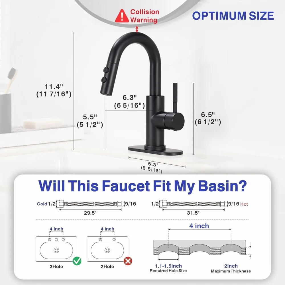 Matte Black Pull Down Bathroom Sink Faucet with Sprayer & Pop-Up Drain, Easy Install Single Handle Basin Tap for Home