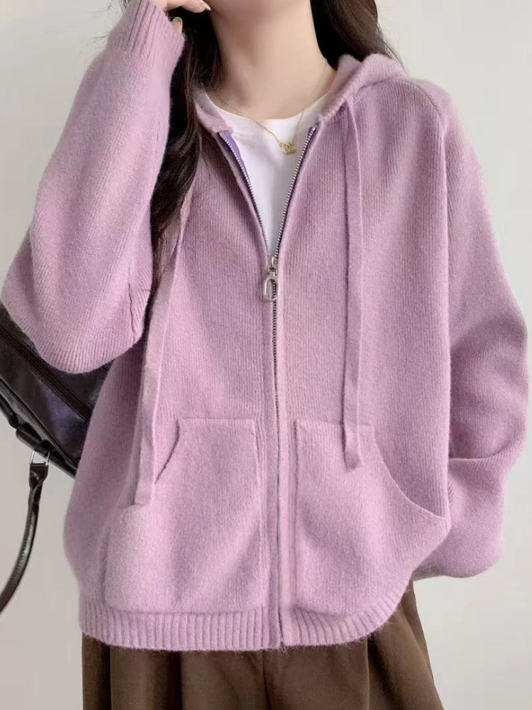 

Hikigawa Chic Fashion Women Loose All Match Knitted Hoodies Zipper Cardigan Autumn Vintage Solid Sweaters Coats Top Mujer