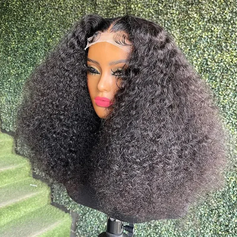 นุ่ม Glueless สีดําธรรมชาติ 180 ความหนาแน่นสั้น BOB Kinky CURLY ลึกลูกไม้ด้านหน้าวิกผมสําหรับผู้หญิงผมเด็กก่อน Plucked ทุกวัน