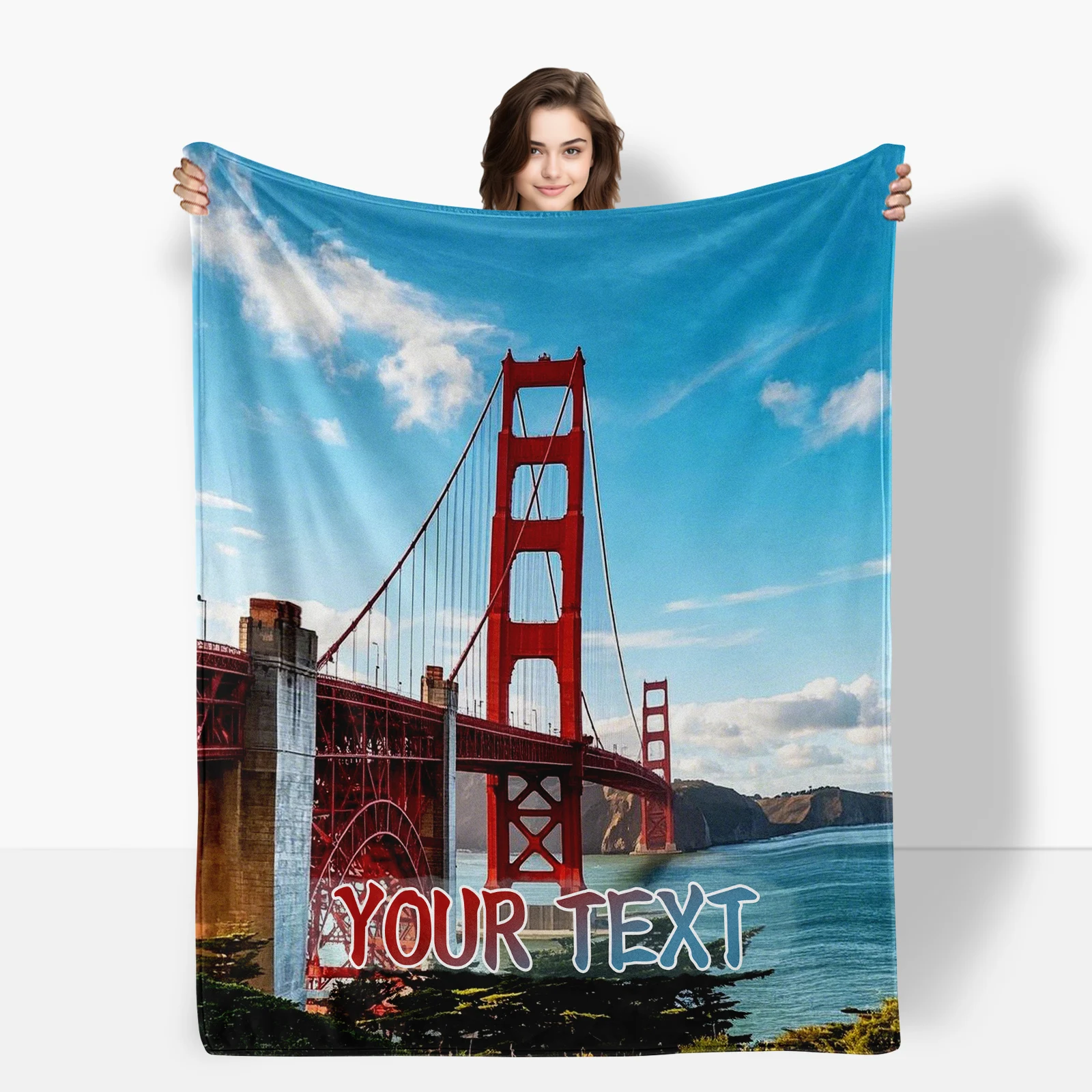 Golden Gate Bridge Inspired Flannel Blanket Allowing One Custom Text, Perfect For Loved Ones