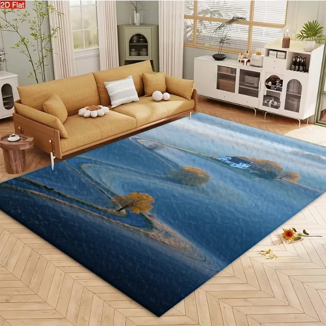 Rural Farmhouse Winding Road Autumn Scenery Carpet Flooring, Misty Countryside Non-Slip Area Rug for Living Room Bedroom Home Decor