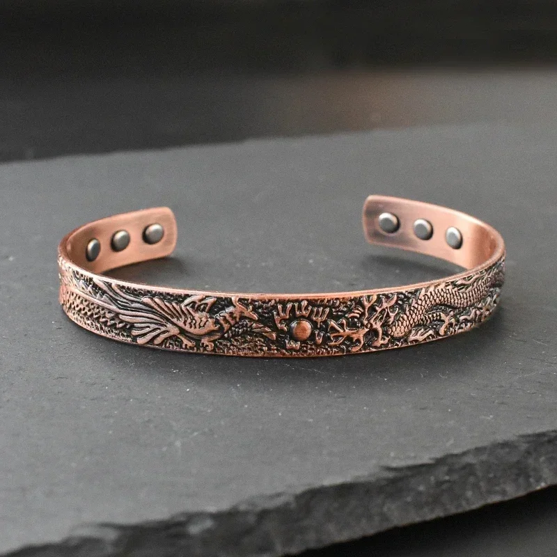 Pure Copper Bracelet Men Traditional Dragon Pattern Men Cuff Bracelet Magnetic Therapy Health Energy Bracelet for Men