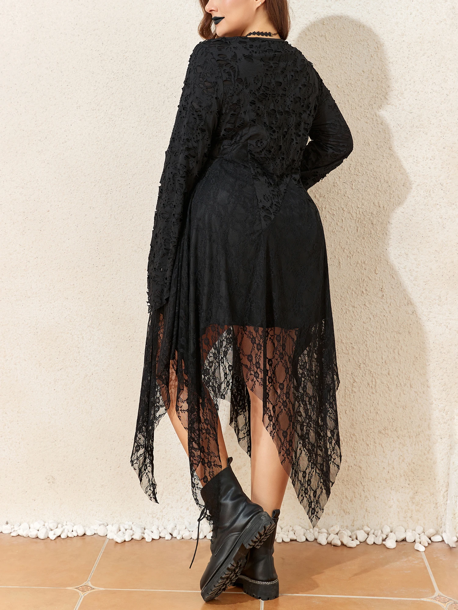 Gothic Style Dark Lace Irregular Hem Women\'s Dress Plus Size Hollow Flare Long Sleeve A-line Dress Halloween Party Retro Costume