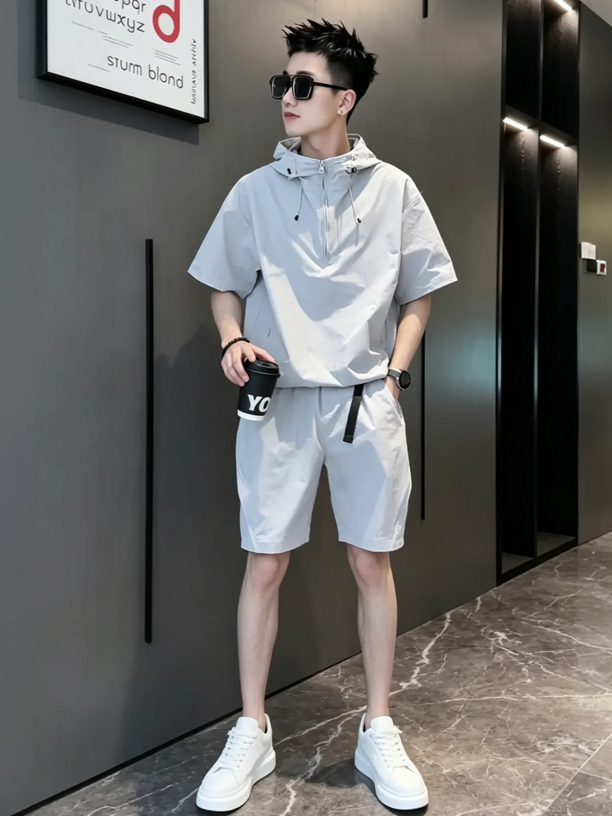 

Summer Casual Quick Dry Men's Set Hoodie Short Sleeve Jacket Shorts Two Piece Suit Polyester Fiber Elastic Fiber Youth Suitable