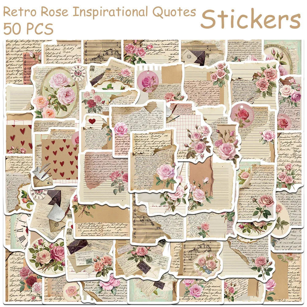50pcs Retro Rose Inspirational Quotes Stickers Decals For Laptop Notebook Skateboard Guitar Suitcase DIY Aesthetic Stickers