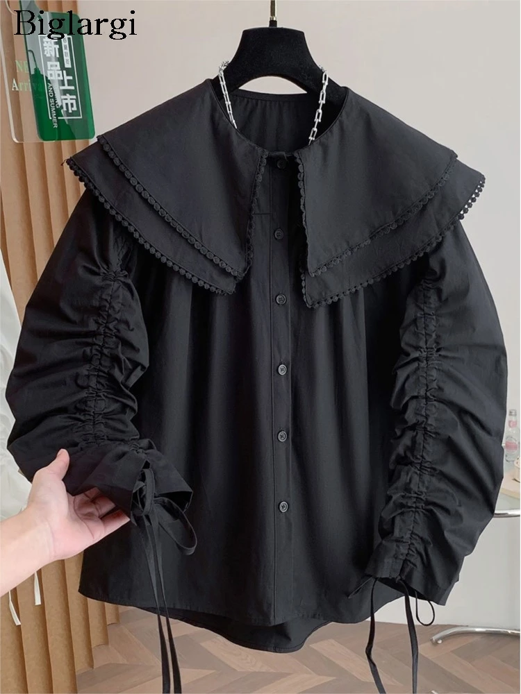 

Oversized Spring Shirts Women Pleated Long Sleeve Fashion Doll Collar Ladies Blouses Loose Casual Woman Shirt