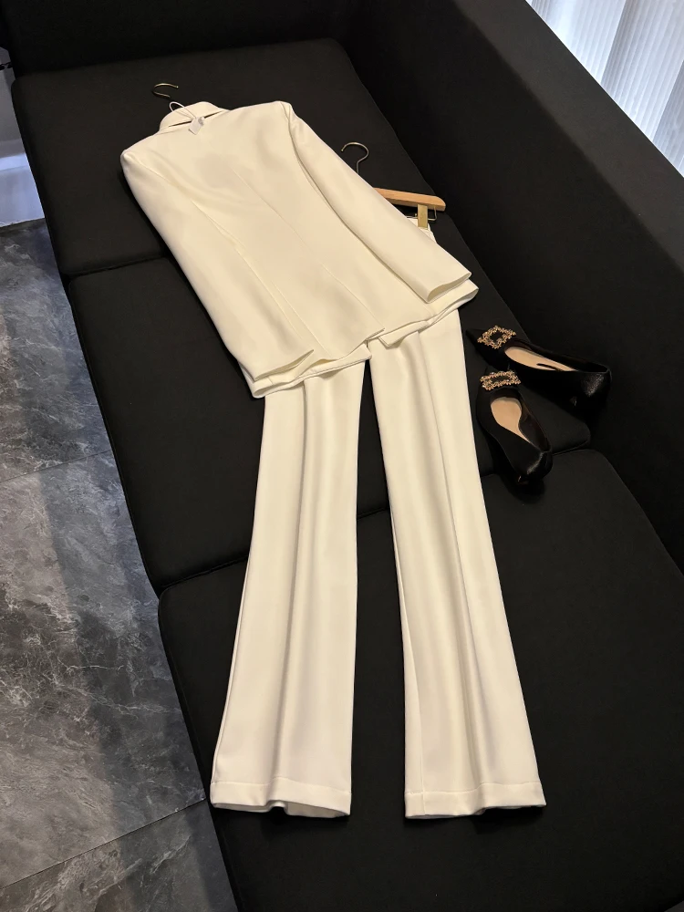 

Winter White V-ne Wide-leg Pants Suit Set Women's High-end Profional Formal Two-piece Suit C9845 Ele Lady's Outfit