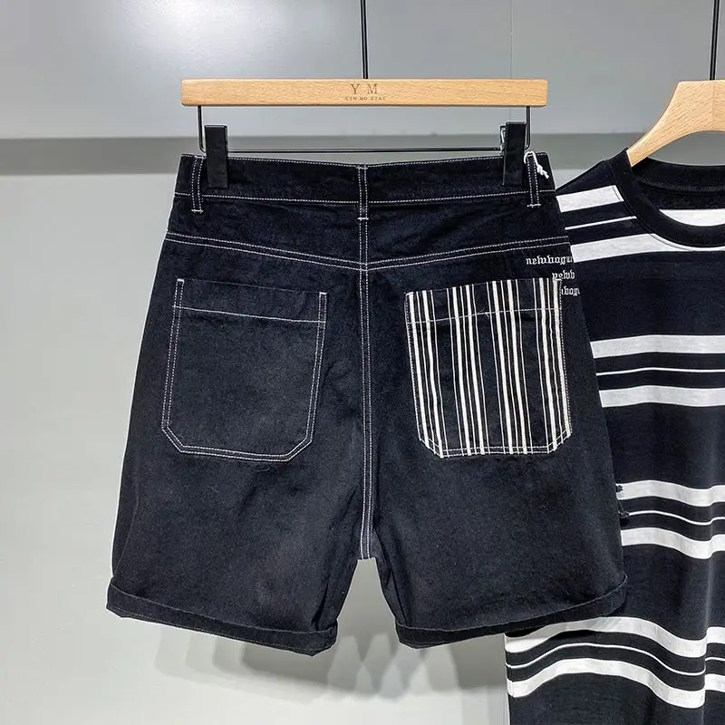 مع جيوب جينز قصير السراويل للرجال شريط أسود الربط فضفاض رجل الدنيم السراويل بيع مصمم أزرار الأزياء الكورية الشعبية